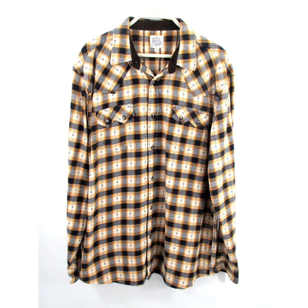 Moon Shine Spirit Flannel Plaid Shirt Mens L Black Yellow Pearl Snap Paisley